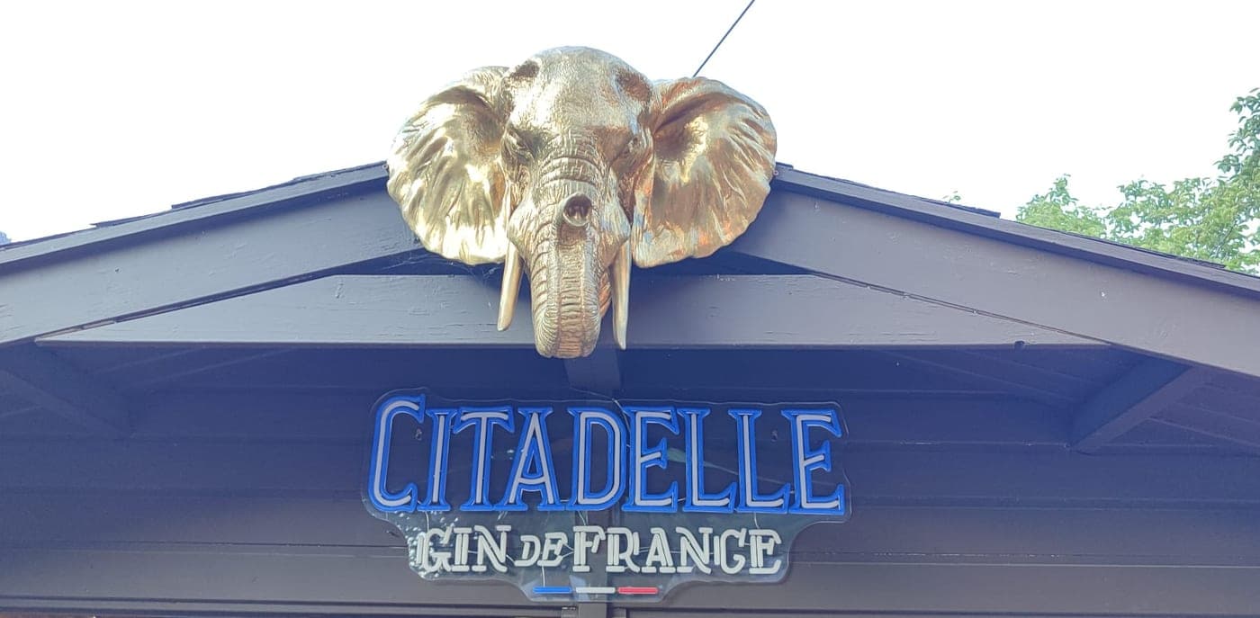 L'éléphant doré et l'enseigne Citadelle Gin de France au-dessus du bar