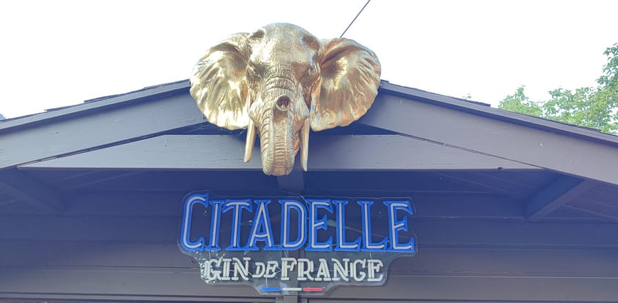 L'éléphant doré et l'enseigne Citadelle Gin de France au-dessus du bar